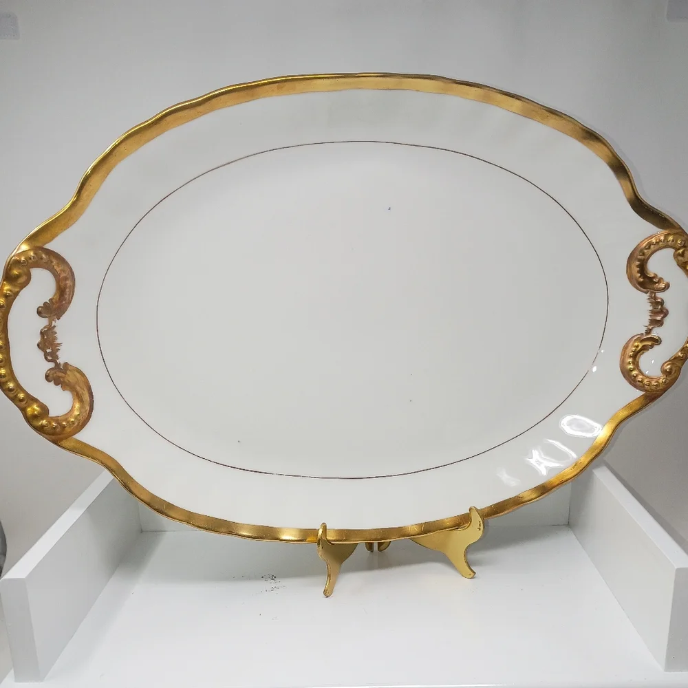 Elegant Limoges Gold and White Oval Serving Platter